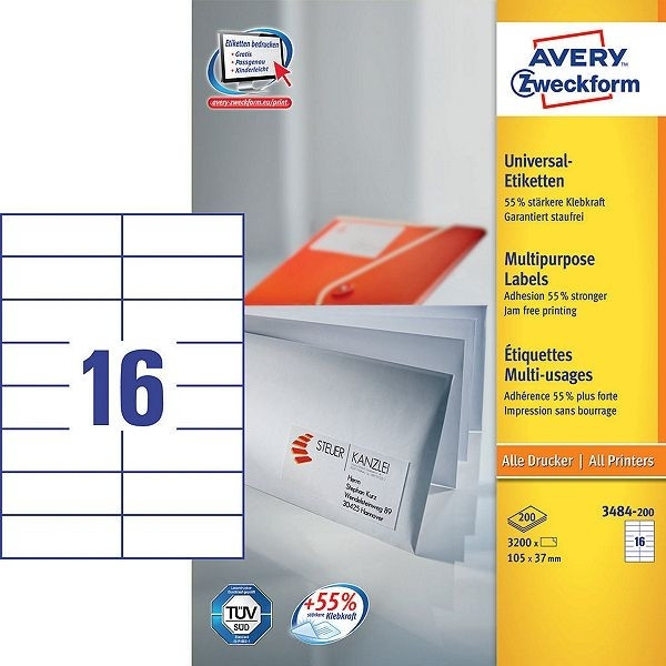 Avery multi-purpose labels 3484-200 105 x 37 mm white (3200 labels) 3484-200 212478 - 1
