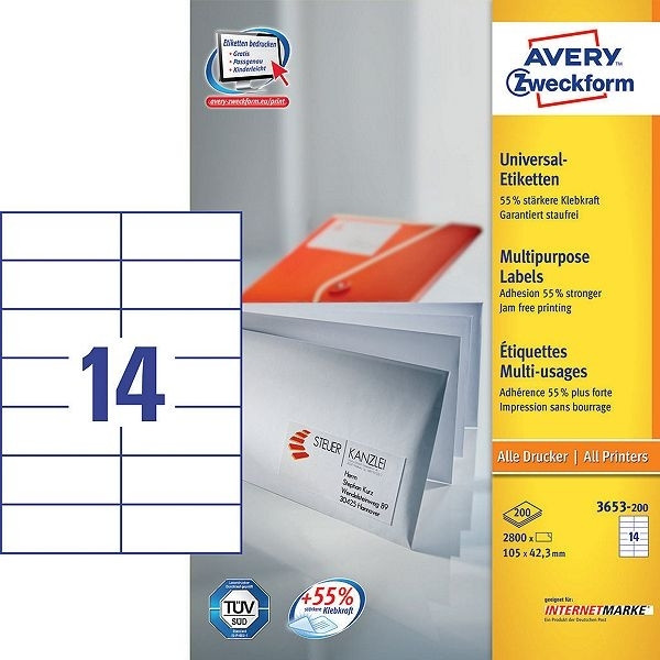 Avery multi-purpose labels 3653-200 105 x 42.3 mm (2800 labels) 3653-200 212486 - 1