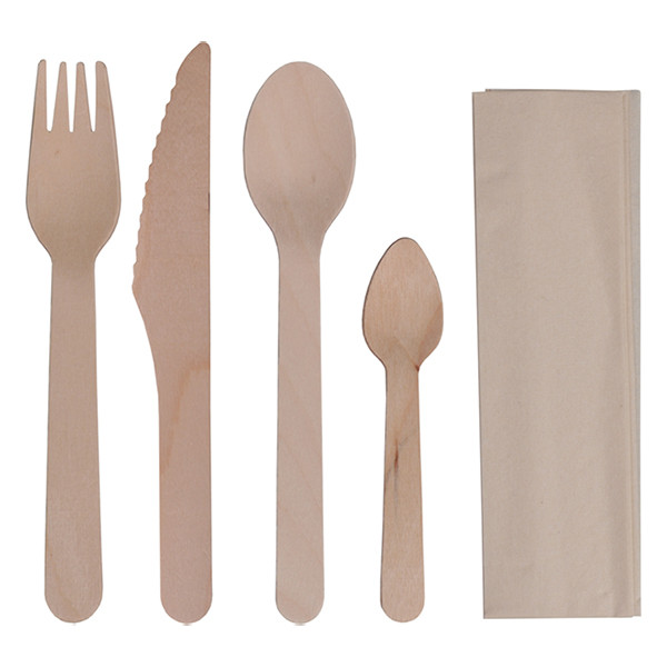Biodore wooden cutlery set with napkin (100-pack) 521154 402767 - 1