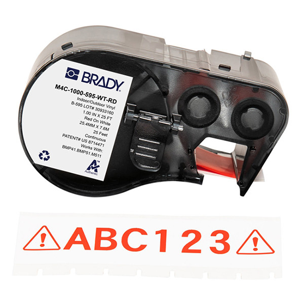 Brady M4C-1000-595-WT-RD red on white vinyl tape, 25.4mm x 7.62m (original Brady) M4C-1000-595-WT-RD 147932 - 1