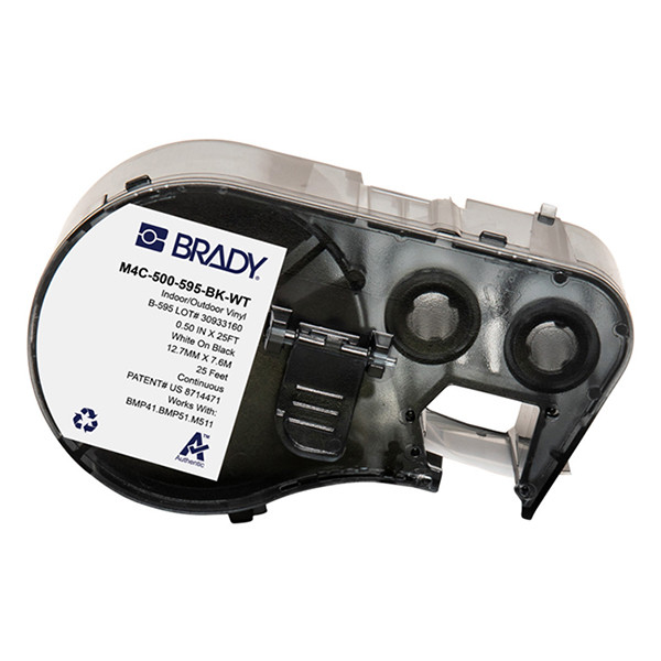 Brady M4C-500-595-BK-WT white on black vinyl labels, 12.70mm x 7.62m (original Brady) M4C-500-595-BK-WT 147958 - 1