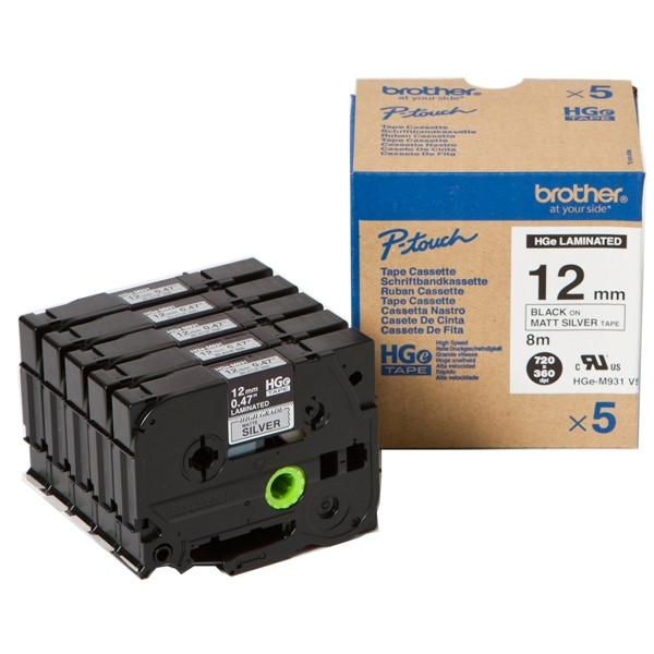 Brother HGe-M931V5 high-resolution black on matte silver tape 12mm, 5-pack (original Brother) HGeM931V5 080922 - 1