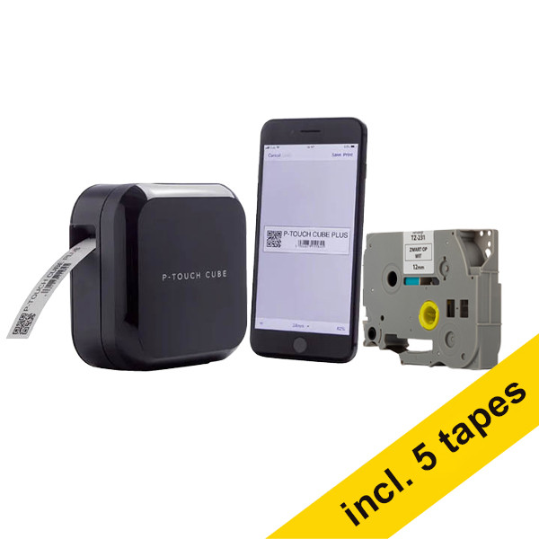 Brother PT-P710BT CUBE PLUS label maker + 123ink version Brother TZe-231 black on white tape, 12mm (5-pack) 833468 - 1