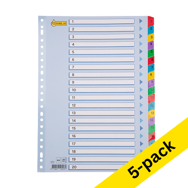 Cardboard tabs 1-20 (20 coloured tabs) | A4, 23-hole | 123ink | 5-pack 301713 - 1