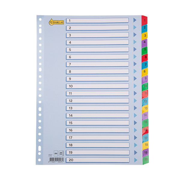 Cardboard tabs 1-20 (20 coloured tabs) | A4, 23-hole | 123ink 301622 - 1