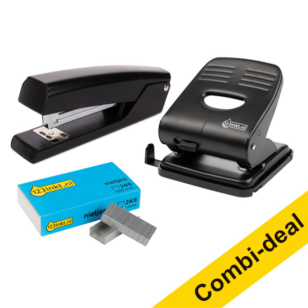 Combi offer: Stapler | 123ink black + 1,000 staples and 2-hole puncher (30 sheets) 302907 - 1