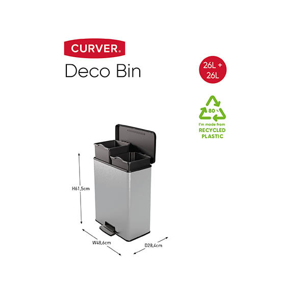Curver Decobin metallic silver rectangular duo waste bin, 26+26 litres 243887 - 2