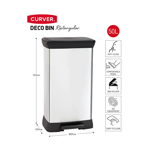 Curver Decobin metallic silver rectangular waste bin, 50 litres 243885 - 2