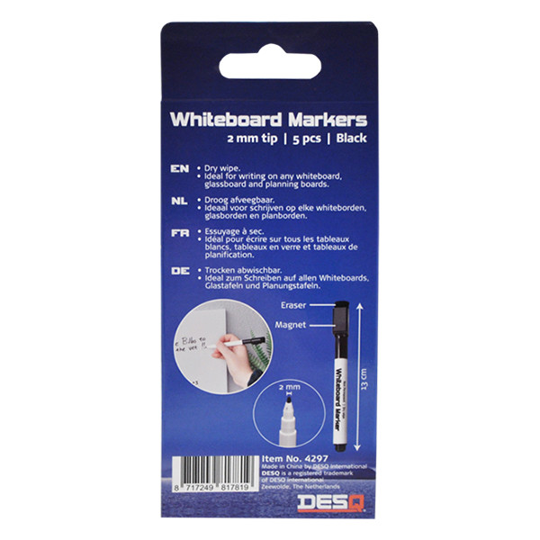 Desq black whiteboard markers with eraser cap (1mm round) (5-pack) 4297 400747 - 3