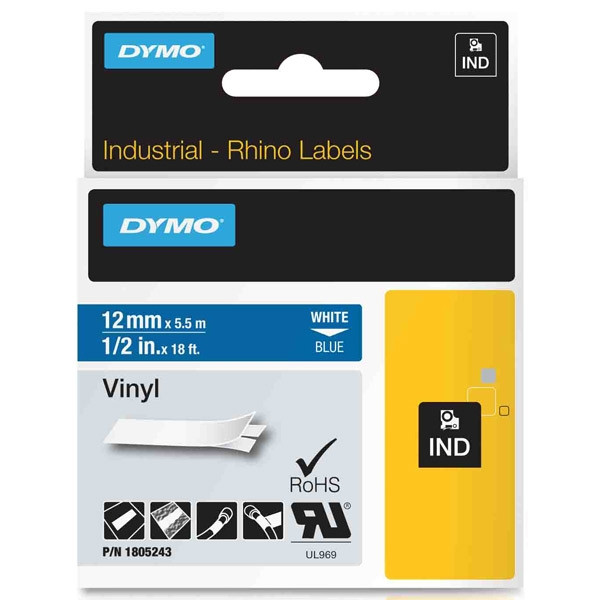 Dymo 1805243 IND Rhino white on blue vinyl tape, 12mm (original Dymo) 1805243 088646 - 1