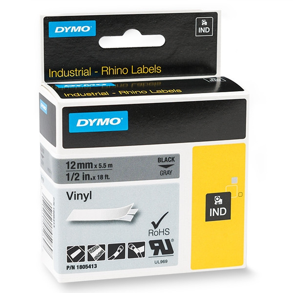 Dymo 1805413 IND Rhino black on grey vinyl tape, 12mm (original Dymo) 088620 - 1