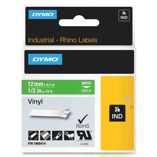 Dymo 1805414 IND Rhino white on green vinyl tape, 12mm (original Dymo) 1805414 088640 - 1