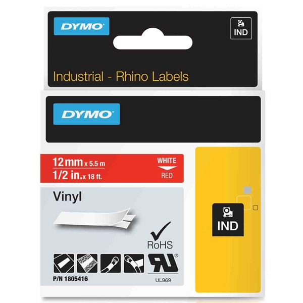 Dymo 1805416 IND Rhino white on red vinyl tape, 12mm (original Dymo) 1805416 088626 - 1
