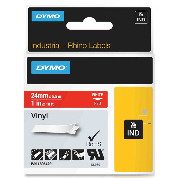 Dymo 1805429 IND Rhino white on red vinyl tape, 24mm (original Dymo) 1805429 088630 - 1