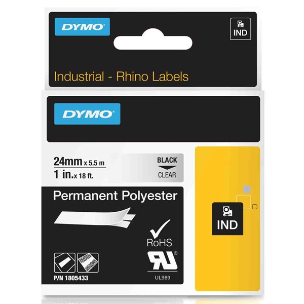 Dymo 1805433 IND Rhino black on transparent permanent polyester tape, 24mm (original Dymo) 1805433 088682 - 1