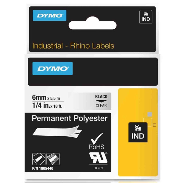Dymo 1805440 IND Rhino black on transparent permanent polyester tape, 6mm (original) 1805440 088674 - 1