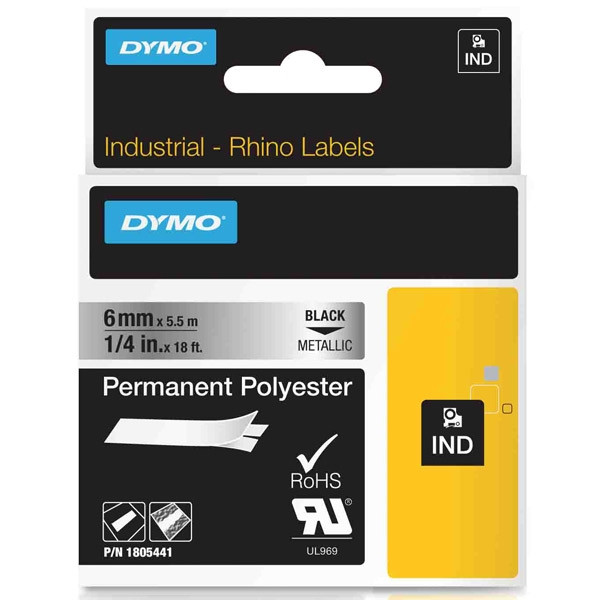 Dymo 1805441 IND Rhino black on metallic permanent polyester tape, 6mm (original Dymo) 1805441 088684 - 1