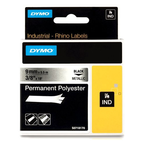 Dymo 18485 IND Rhino black on metallic permanent polyester tape, 9mm (original Dymo) 18485 SS071817 088686 - 1