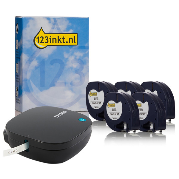 Dymo LetraTag 200B label maker + 123ink version Dymo S0721610 / 91201 white plastic tape, 12mm (5-pack)  089305 - 1