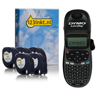 Dymo LetraTag LT-100H label maker (black) + 123ink version Dymo S0721610 / 91201 white plastic tape, 12mm (5-pack) 089398