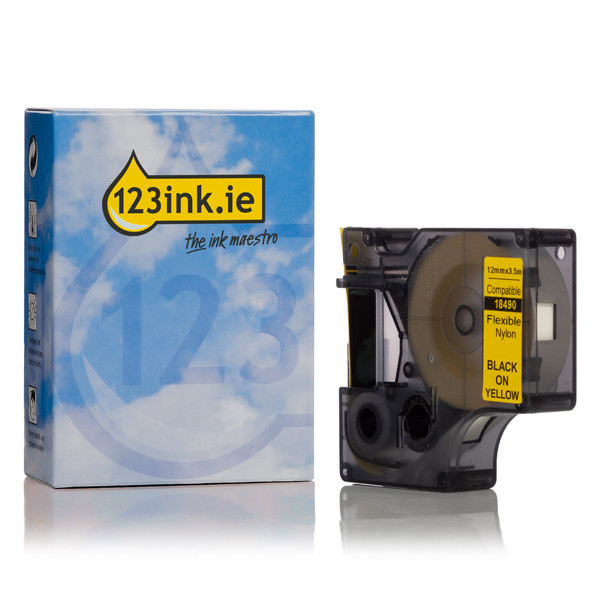 Dymo S0718080 / 18490 IND Rhino black on yellow flexible nylon tape, 12mm (123ink version) 18490C 088721 - 1