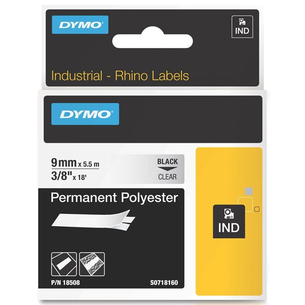 Dymo S0718160 / 18508DMO IND Rhino black on transparent permanent polyester tape, 9mm  (original Dymo) 18508DMO S0718160 088676 - 1