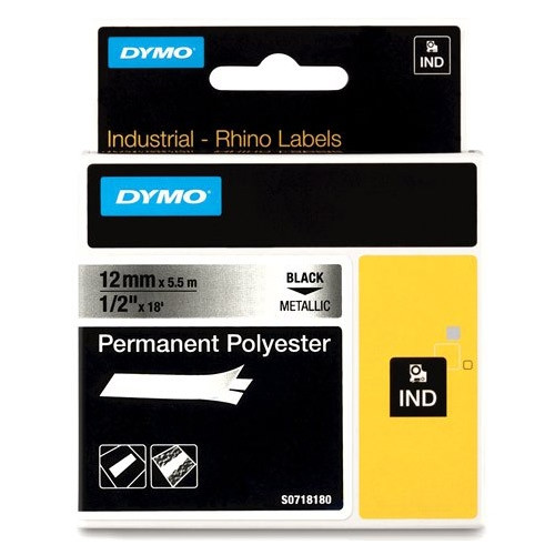Dymo S0718180 / 18486 IND Rhino black on metallic permanent polyester tape, 12mm (original Dymo) 18486 088688 - 1