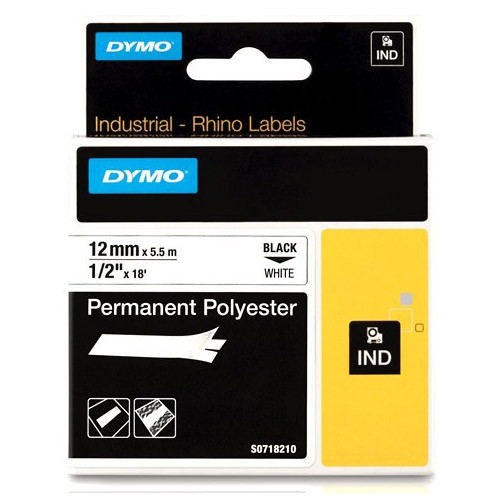 Dymo S0718210 / 18483 IND Rhino black on white permanent polyester tape, 12mm (original Dymo) 18483 S0718210 088668 - 1