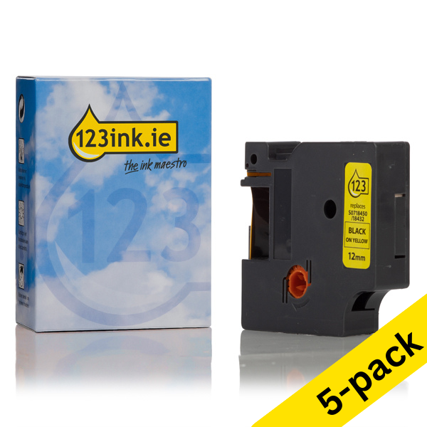 Dymo S0718450 / 18432 IND Rhino black on yellow vinyl tape, 12mm (5-pack) (123ink version) S0718450C 650584 - 1