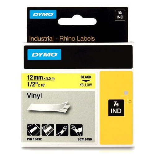 Dymo S0718450 /  18432 IND Rhino black on yellow vinyl tape, 12mm (original Dymo) 18432 S0718450 088608 - 1