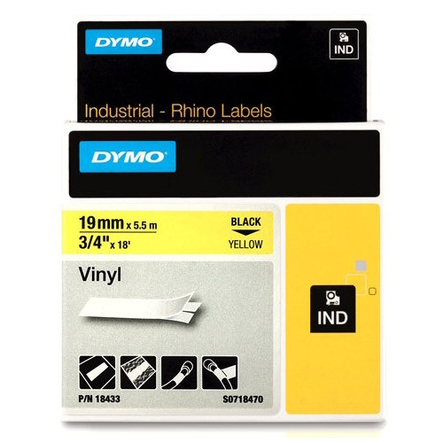 Dymo S0718470 / 18433 IND Rhino black on yellow vinyl tape, 19mm (original Dymo) 18433 S0718470 088610 - 1