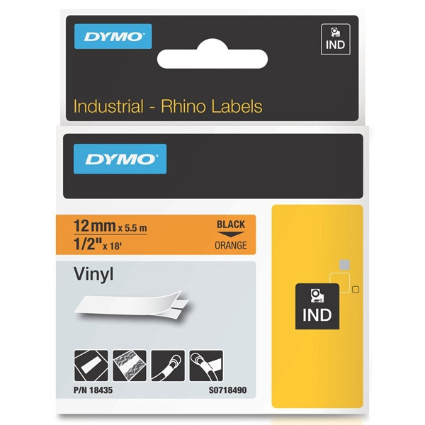 Dymo S0718490 / 18435 IND Rhino black on orange vinyl tape, 12mm (original Dymo) 18435 S0718490 088614 - 1