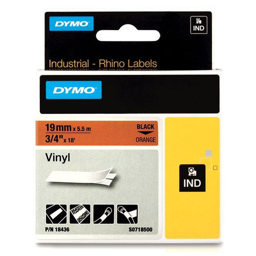 Dymo S0718500 / 18436 IND Rhino black on orange vinyl tape, 19mm (original Dymo) 18436 S0718500 088616 - 1