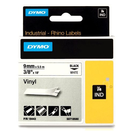 Dymo S0718580 / 18443 IND Rhino black on white vinyl tape, 9mm (original Dymo) 18443 S0718580 088600 - 1