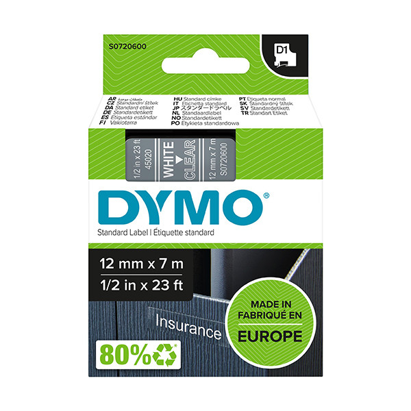Dymo S0720600 / 45020 white on transparent tape, 12mm (original Dymo) 088220 - 1