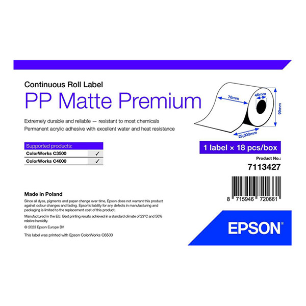 Epson 7113427 PP matte premium continuous label roll, 76mm x 29m (original Epson) 7113427 083692 - 1