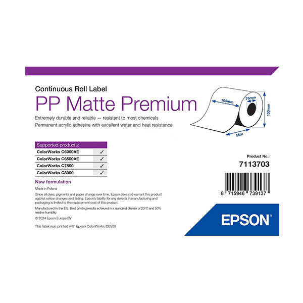 Epson 7113703 PP matte continuous label roll, 105mm x 55m (original Epson) 084296 - 1