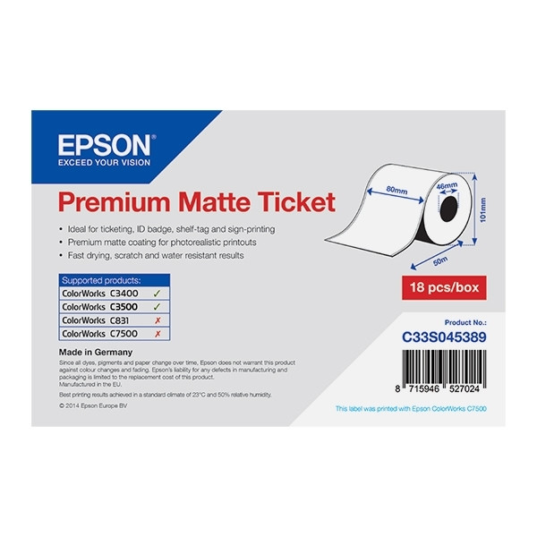 Epson C33S045389 premium matte continuous ticket roll 80 mm x 50 m (original) C33S045389 083368 - 1