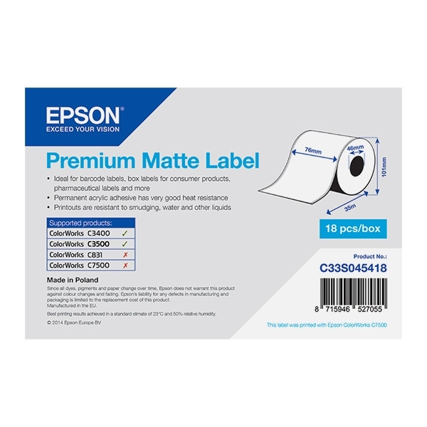 Epson C33S045418 premium matte continuous label roll 76 mm x 35 m (original) C33S045418 083384 - 1