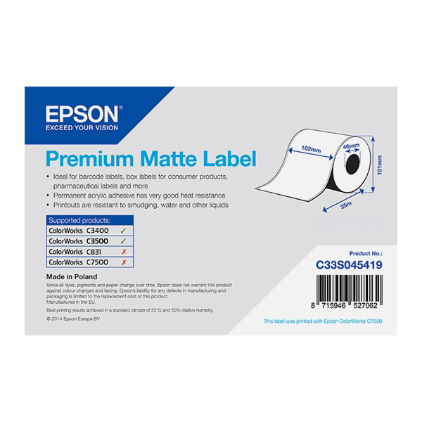 Epson C33S045419 premium matte continuous label roll, 102mm x 35m (original Epson) C33S045419 083382 - 1