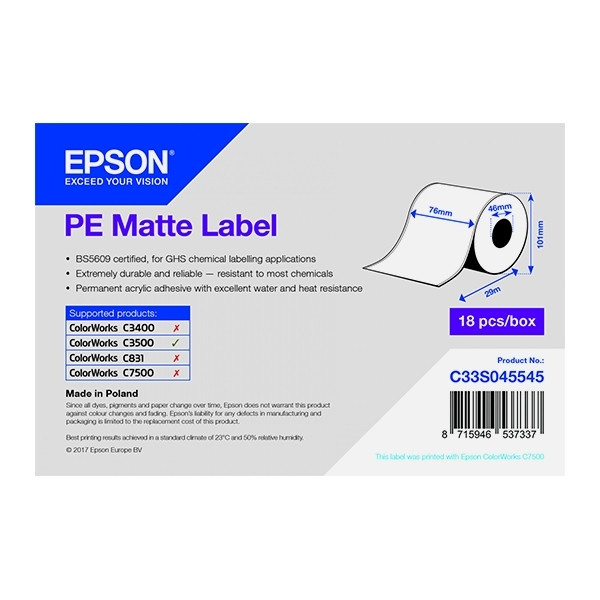 Epson C33S045545 PE matte label 76 mm x 29 m (original Epson) C33S045545 083402 - 1