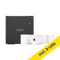 Epson TM-M30III black receipt printer with WiFi, Ethernet and Bluetooth bundle with 123ink white thermo cash register roll, 80mm x 80mm x 12mm (5-pack) 831988
