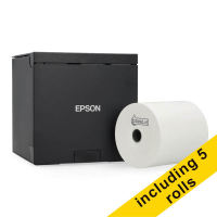 Epson TM-M30III black receipt printer with WiFi, Ethernet and Bluetooth bundle with 123ink white thermo cash register roll, 80mm x 80mm x 12mm (5-pack) 831988
