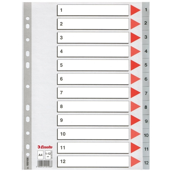 Plastic tabs 1-12 (12 grey tabs) | A4, 11-hole | Esselte 203814 - 1