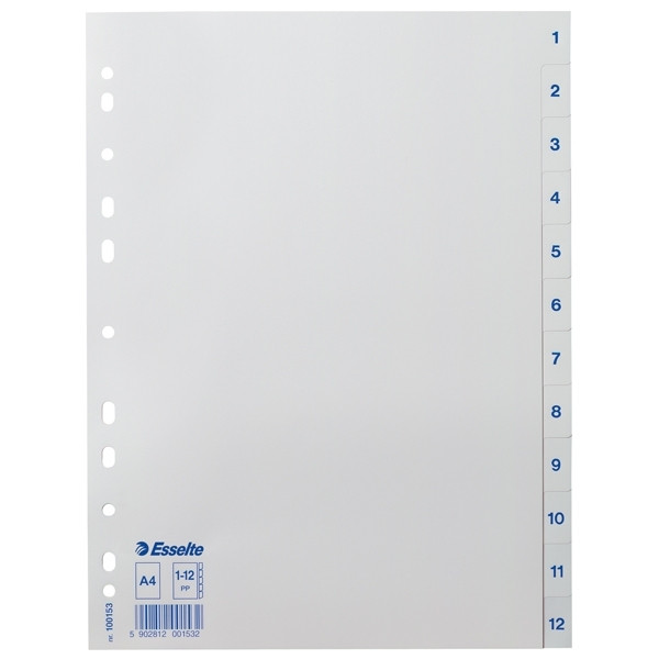 Esselte white A4 plastic tabs with indexes 1-12 (11 holes) 100153 203830 - 1