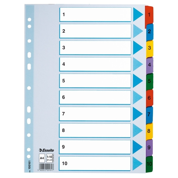 Esselte white/coloured A4 cardboard tabs with indexes 1-10 (11 holes) 100161 203834 - 1
