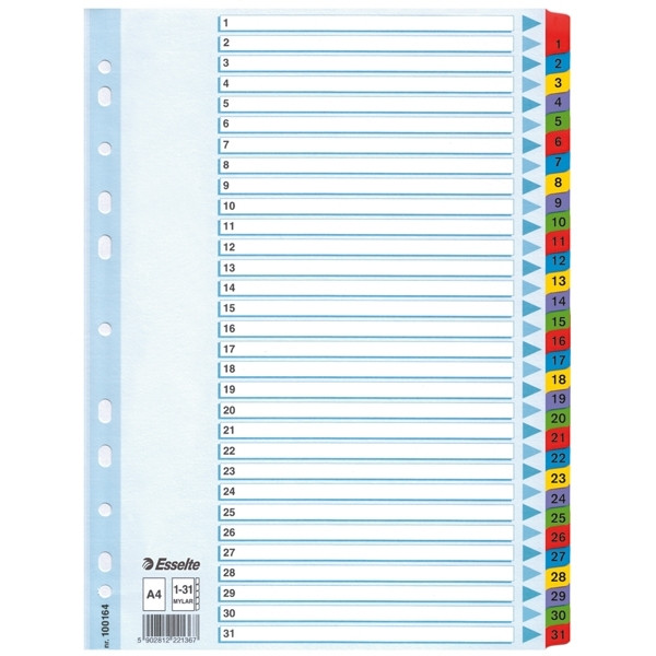 Esselte white/coloured A4 cardboard tabs with indexes 1-31 (11 holes) 100164 203840 - 1
