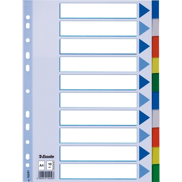 Esselte white/coloured A4 plastic tabs with 10 tabs (11 holes) 15261 203802 - 1