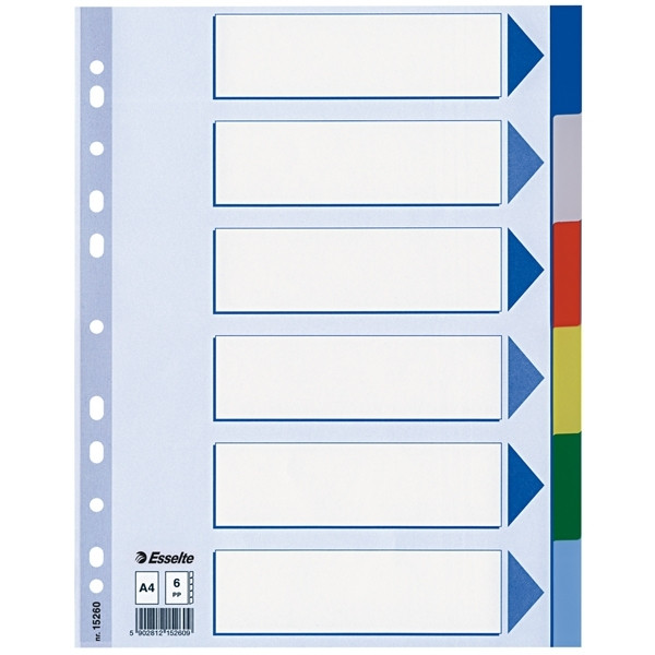 Esselte white/coloured A4 plastic tabs with 6 tabs (11 holes) 15260 203800 - 1
