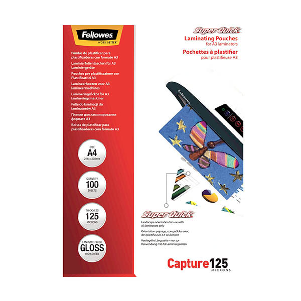 A4 laminating pouch 125 micron | glossy | Fellowes SuperQuick | 100-pack 207217 - 1